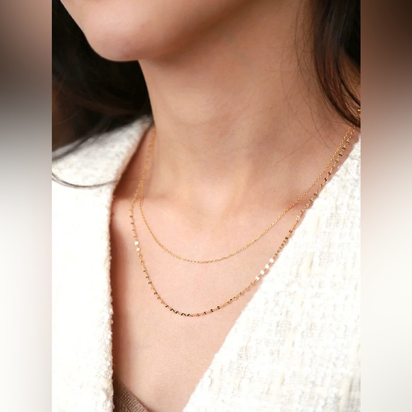 18K Yellow Gold Dainty Double Layered Chain Necklace - Picture 1 of 12